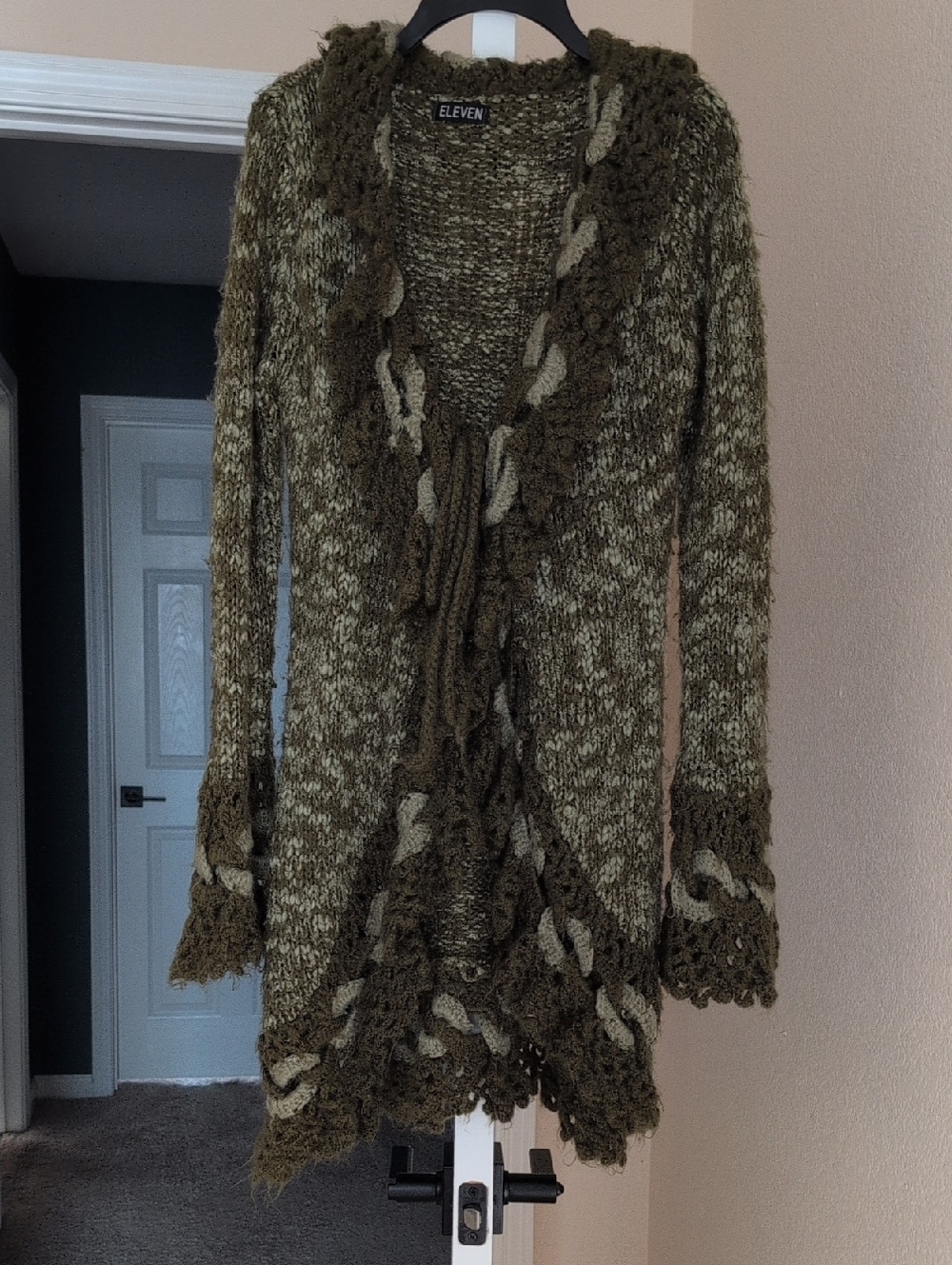 Olive Green Open-Front Knit Sweater Cardigan